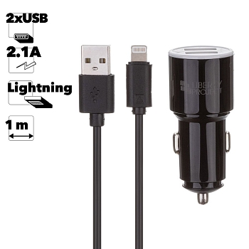 Автомобильное зарядное устройство "LP" с двумя USB выходами 2.1А + USB кабель для Apple 8-pin Barrel Series (черный, коробка)